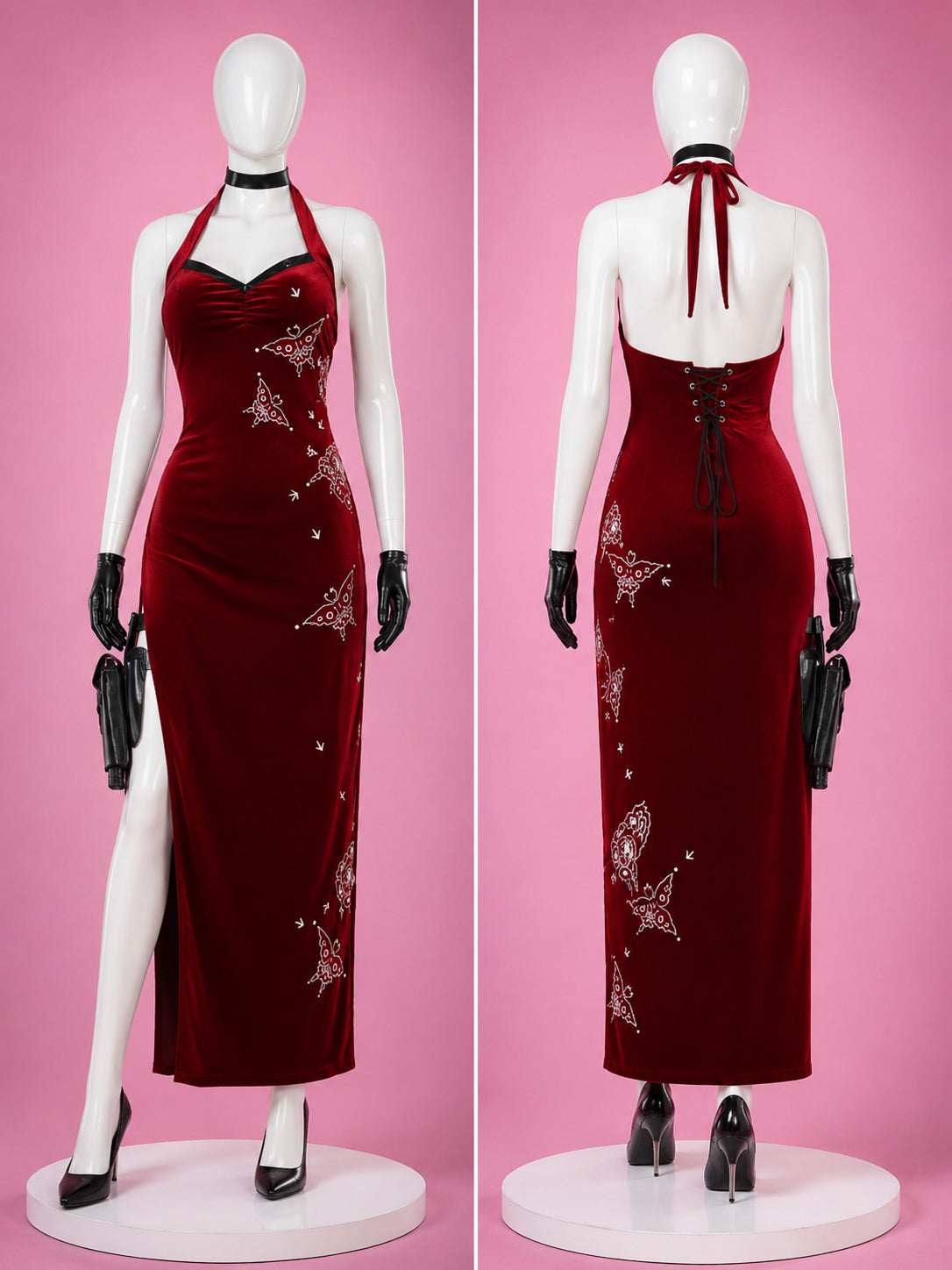 Ada Wong long red cheongsam cosplay dress inspired by Resident Evil, shown front and back with halter neck, side slit and butterfly detailing.