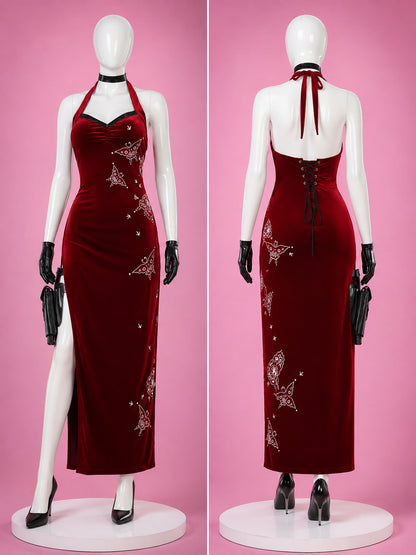 Ada Wong long red cheongsam cosplay dress inspired by Resident Evil, shown front and back with halter neck, side slit and butterfly detailing.