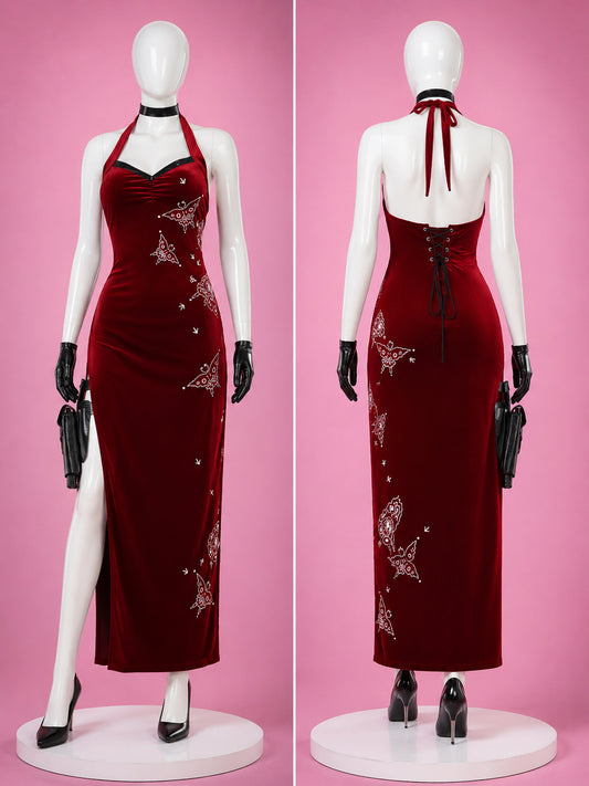 Ada Wong long red cheongsam cosplay dress inspired by Resident Evil, shown front and back with halter neck, side slit and butterfly detailing.