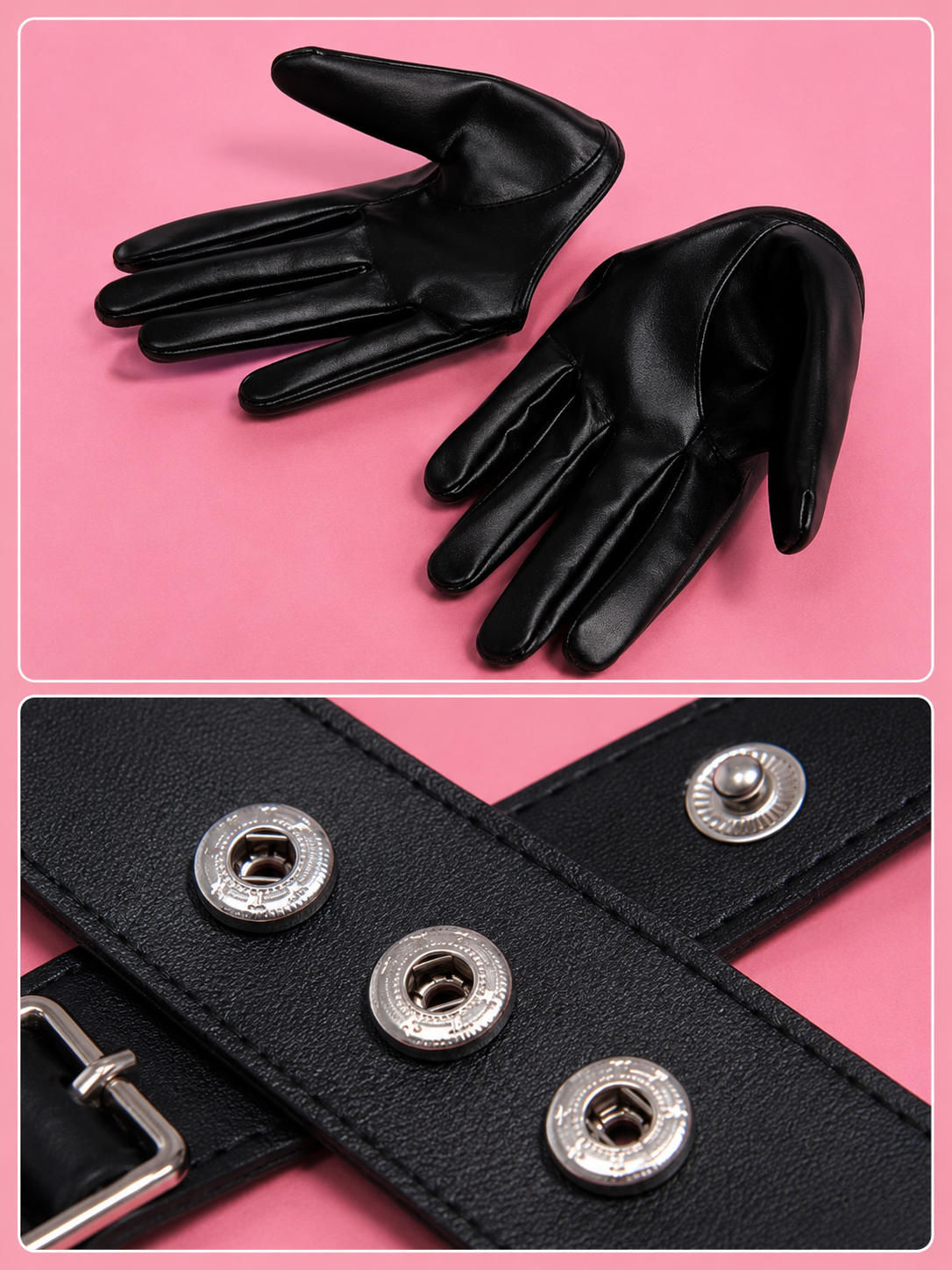 Ada Wong cosplay black gloves and faux leather harness strap detail with silver hardware.