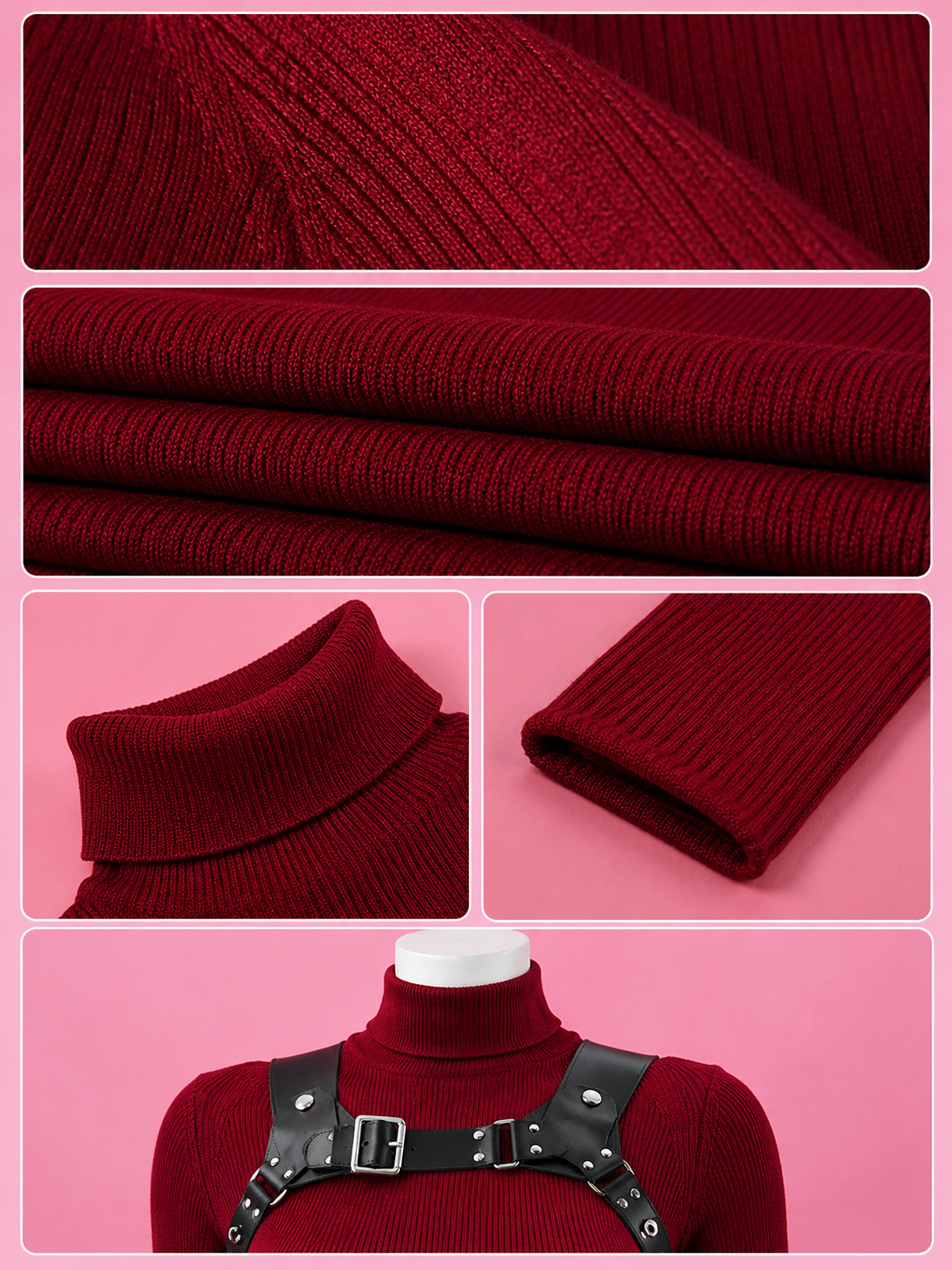 Ada Wong RE4 Remake cosplay costume details featuring red knitted dress, black harness, belt and holster accessories.