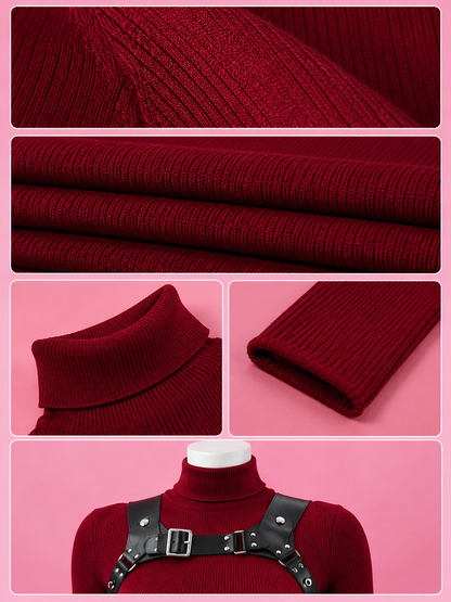 Ada Wong RE4 Remake cosplay costume details featuring red knitted dress, black harness, belt and holster accessories.