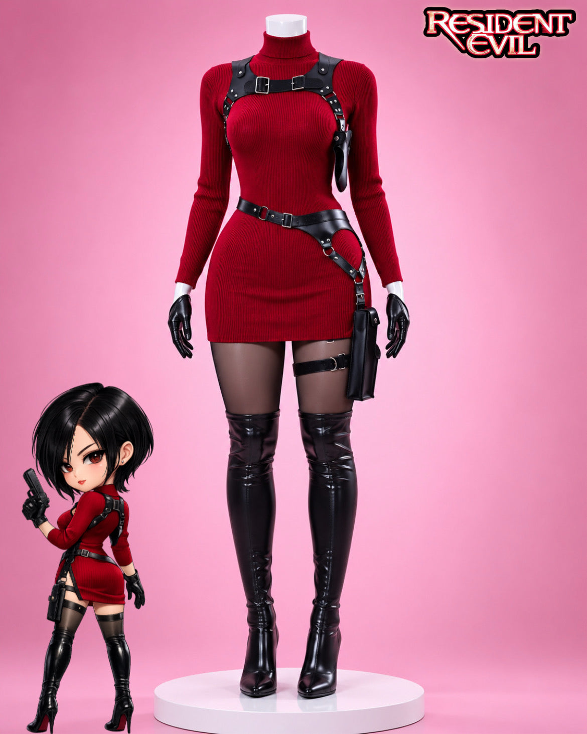 Ada Wong Resident Evil 4 Remake cosplay featuring red knitted sweater dress, black harness, gloves, thigh holster and boots.