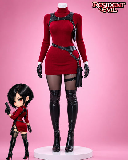 Ada Wong Resident Evil 4 Remake cosplay featuring red knitted sweater dress, black harness, gloves, thigh holster and boots.