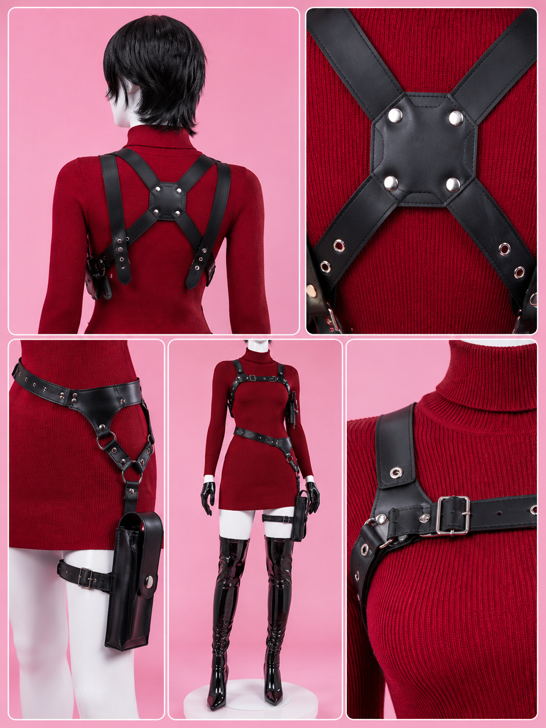     Ada Wong RE4 Remake red knitted cosplay dress fabric, turtleneck collar and sleeve cuff details.