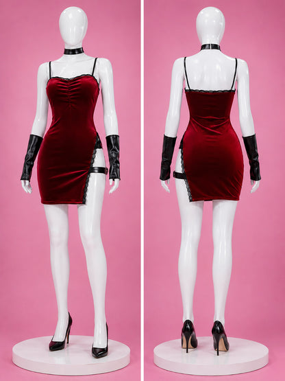 Ada Wong short red velvet cosplay dress shown from the front and back with black gloves and thigh strap.