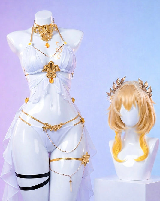 Mannequin wearing a white and gold costume with a blonde wig on a light purple background