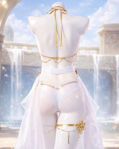Mannequin wearing a white outfit with gold accents in an outdoor setting with columns and water.