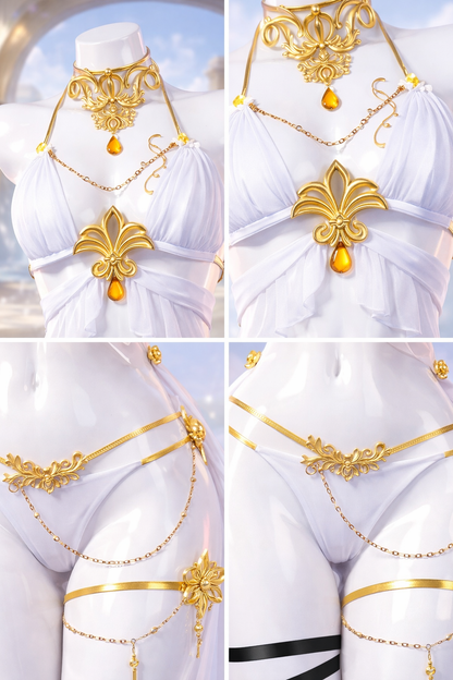 Set of gold jewelry with orange stones on a white fabric background