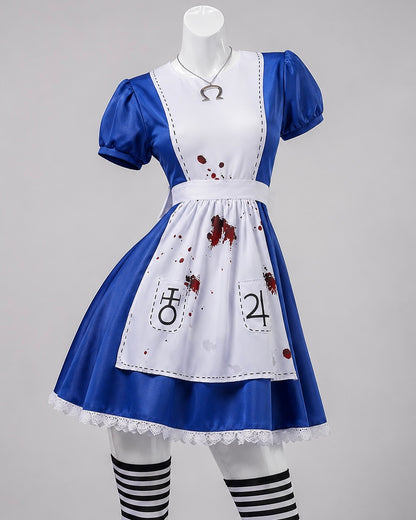 Wig blue dress and apron angled front view for Alice Madness Returns Dark alice in Wonderland Cosplay & wig