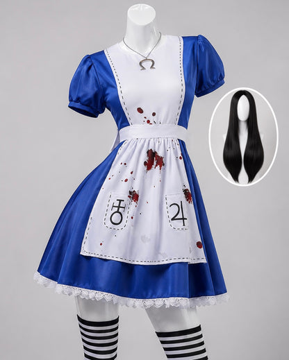Alice Madness Returns Dark alice in Wonderland Cosplay & wig showing wig blue dress and black wig costume set