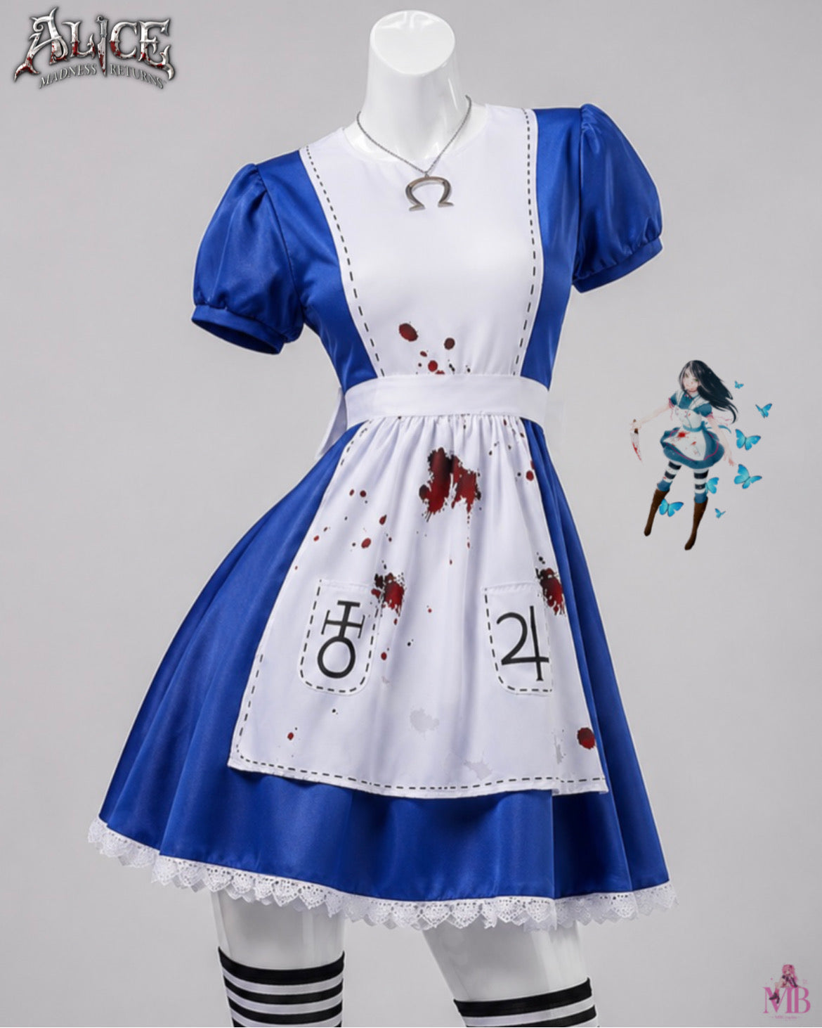 Wig blue dress and blood stained apron front view for Alice Madness Returns Dark alice in Wonderland Cosplay & wig
