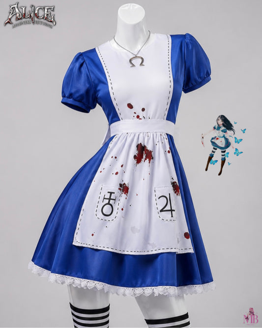 Wig blue dress and blood stained apron front view for Alice Madness Returns Dark alice in Wonderland Cosplay & wig