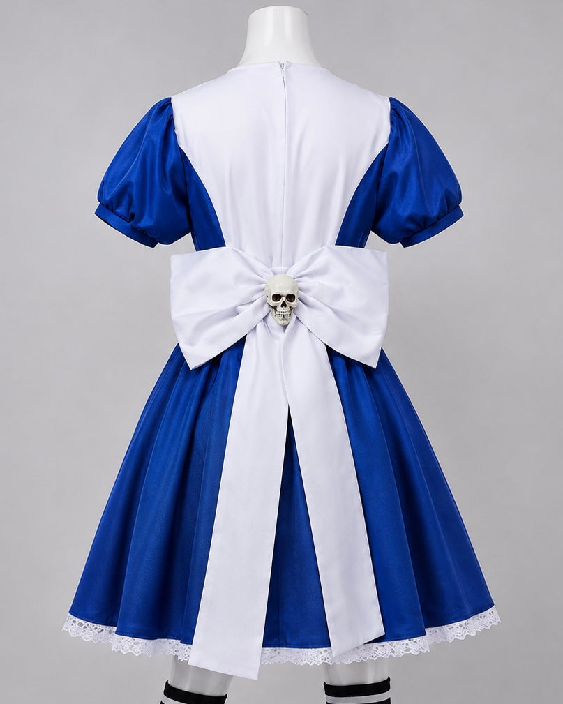 Wig blue dress with large white bow back view for Alice Madness Returns Dark alice in Wonderland Cosplay & wig