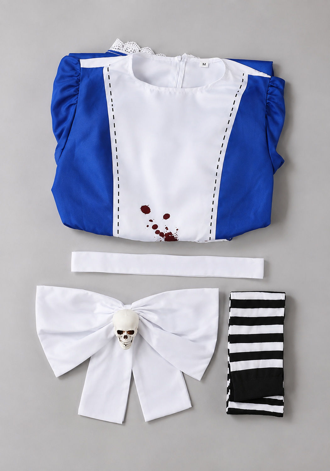 Alice Madness Returns Dark alice in Wonderland Cosplay & wig costume set flat lay with dress apron bow and striped stockings