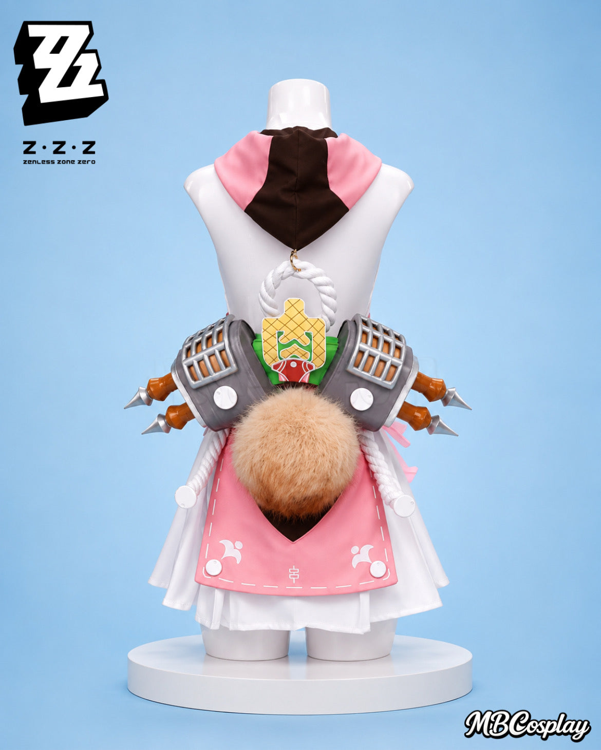 Back view of the Alice Zenless Zone Zero cosplay costume showing the hood, fluffy tail and rear waist accessories.