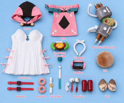 Complete Alice Zenless Zone Zero cosplay set displayed as a flat lay including dress, hood, accessories, tail, headband and decorative props