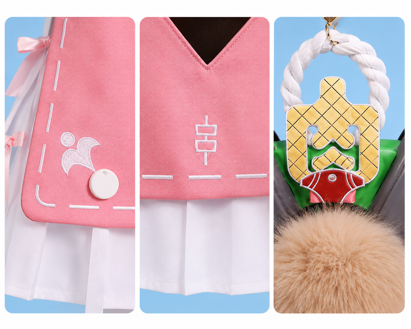 Complete Alice Zenless Zone Zero cosplay set displayed as a flat lay including dress, hood, accessories, tail, headband and decorative props