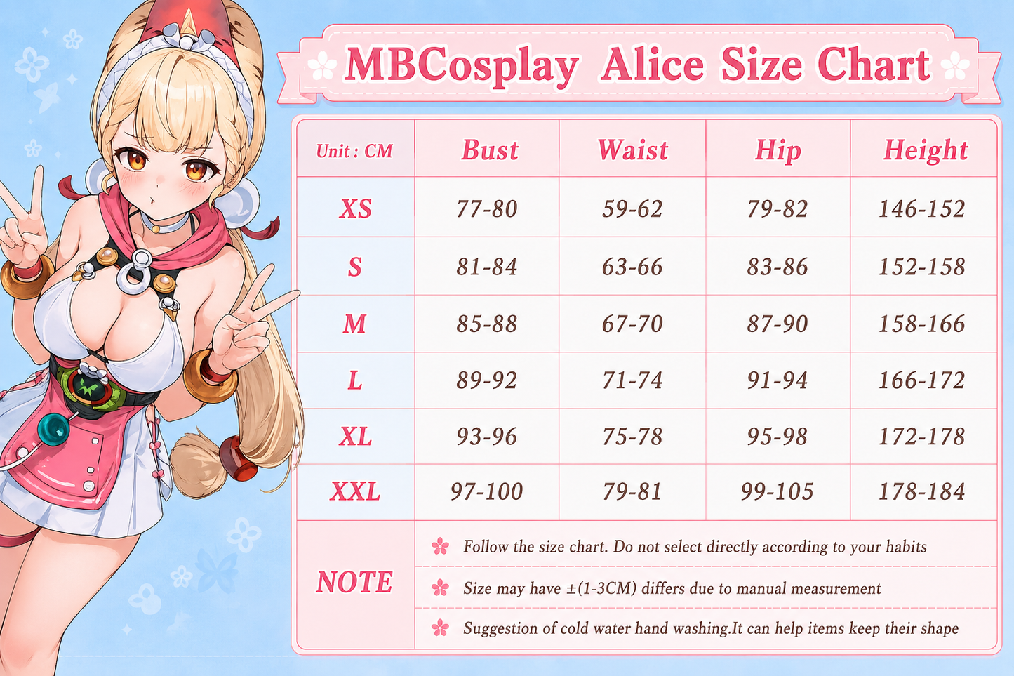 AnMBCosplay Alice size chart table with a pink anime character illustration on a light blue background. The chart lists measurements in centimeters for sizes XS through XXL: bust, waist, hip, and height.