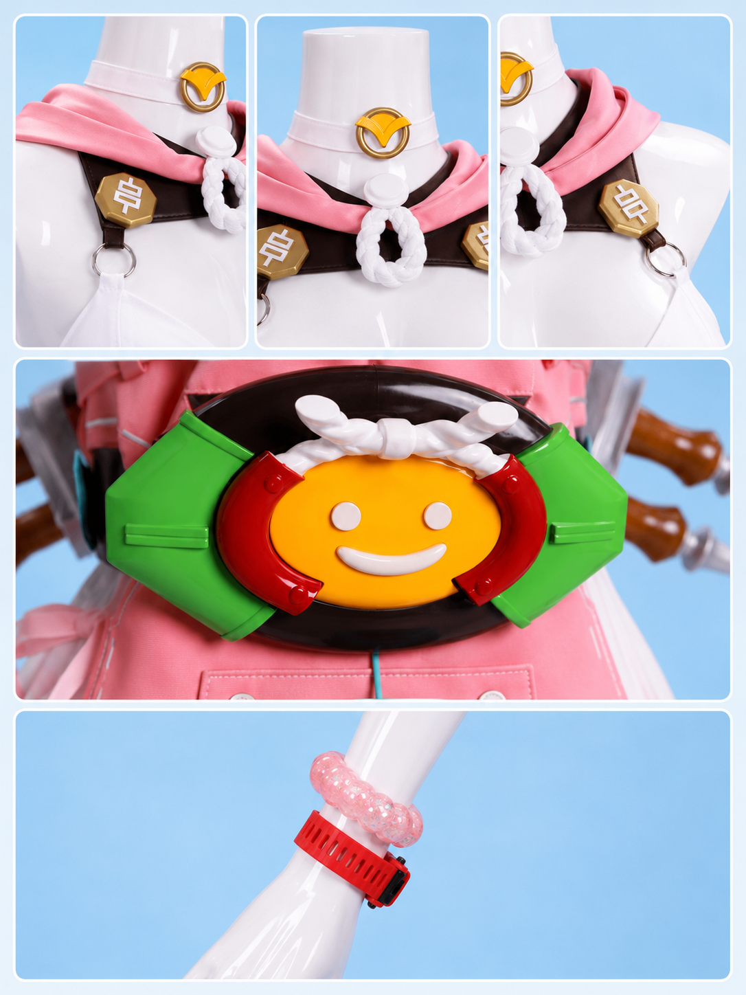 Close-up details of the Alice Zenless Zone Zero cosplay including neck accessories, waist decoration and wrist accessories.