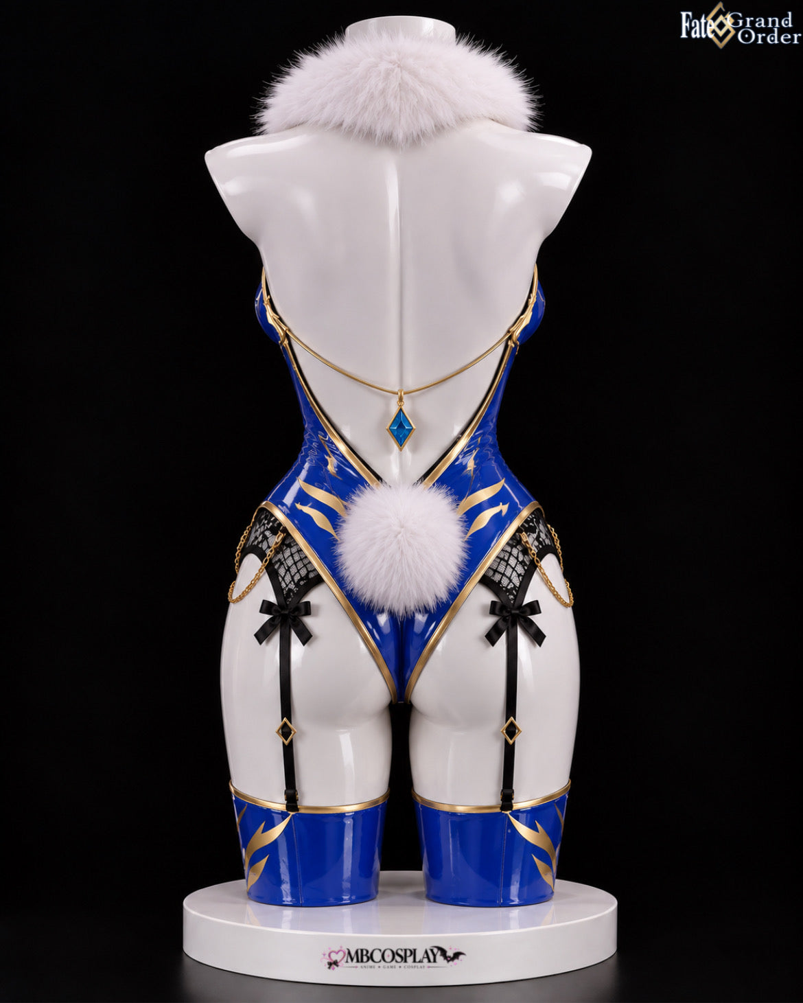 Back view of the Altria Ruler bunny outfit showing the open-back bodysuit, white tail and black garter details