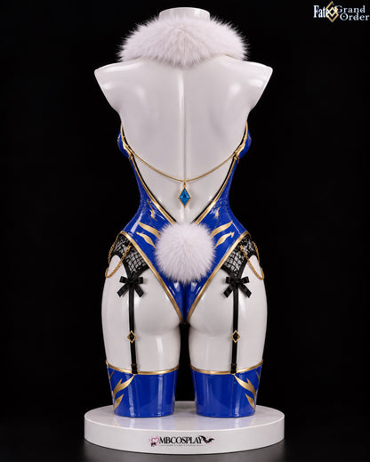 Back view of the Altria Ruler bunny outfit showing the open-back bodysuit, white tail and black garter details