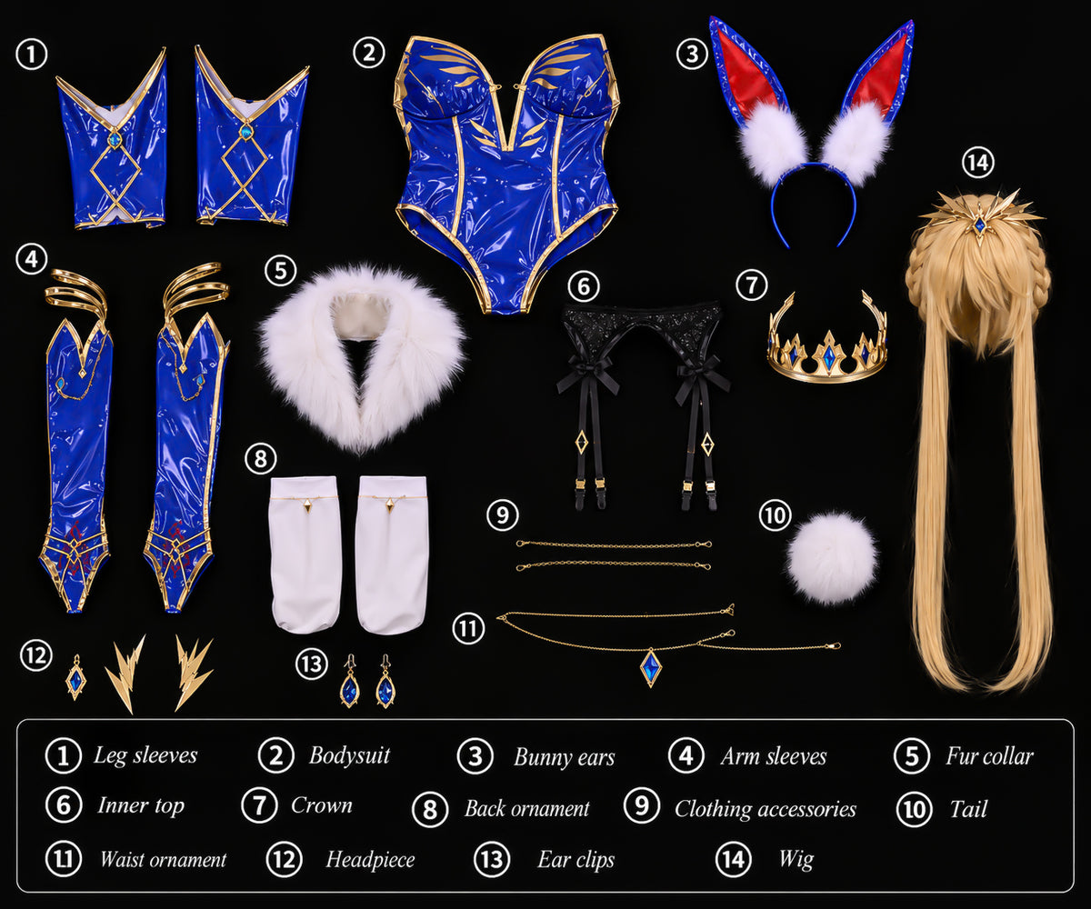Fate Grand Order Altria Pendragon bunny cosplay pieces arranged with bodysuit, ears, crown, collar, ornaments and wig