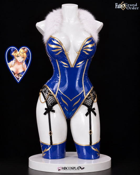 Front view of Altria Pendragon's Fate Grand Order Ruler bunny costume with blue bodysuit, gold trim and white fur collar