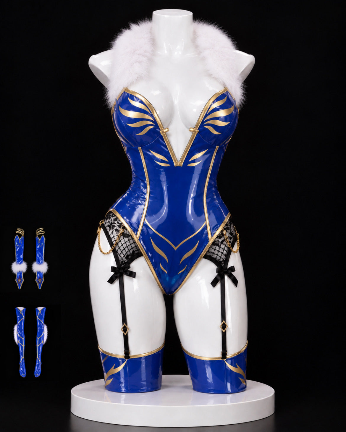 Altria Ruler blue bunny costume set with glossy bodysuit, fur collar, arm sleeves and leg accessories