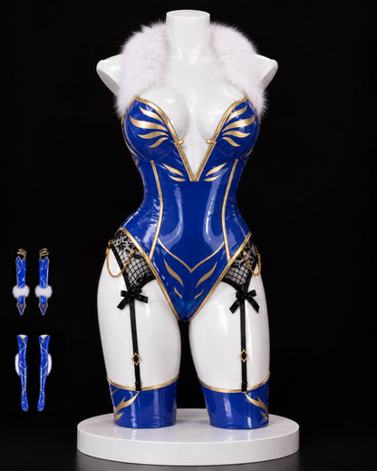 Altria Ruler blue bunny costume set with glossy bodysuit, fur collar, arm sleeves and leg accessories
