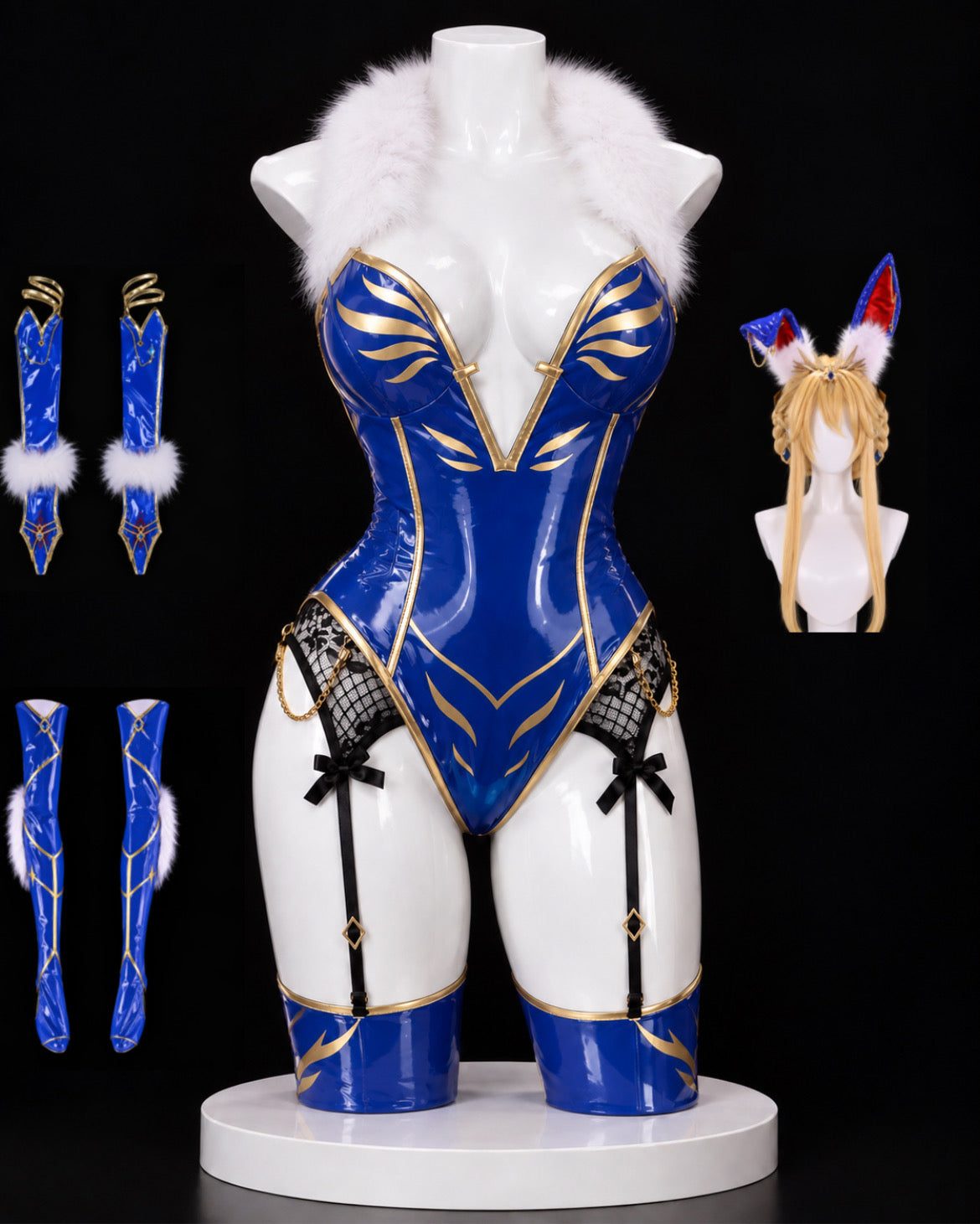 Altria Pendragon Ruler bunny cosplay full set with bodysuit, arm and leg sleeves, blonde wig, crown and rabbit ears