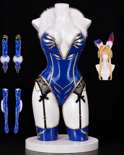 Altria Pendragon Ruler bunny cosplay full set with bodysuit, arm and leg sleeves, blonde wig, crown and rabbit ears