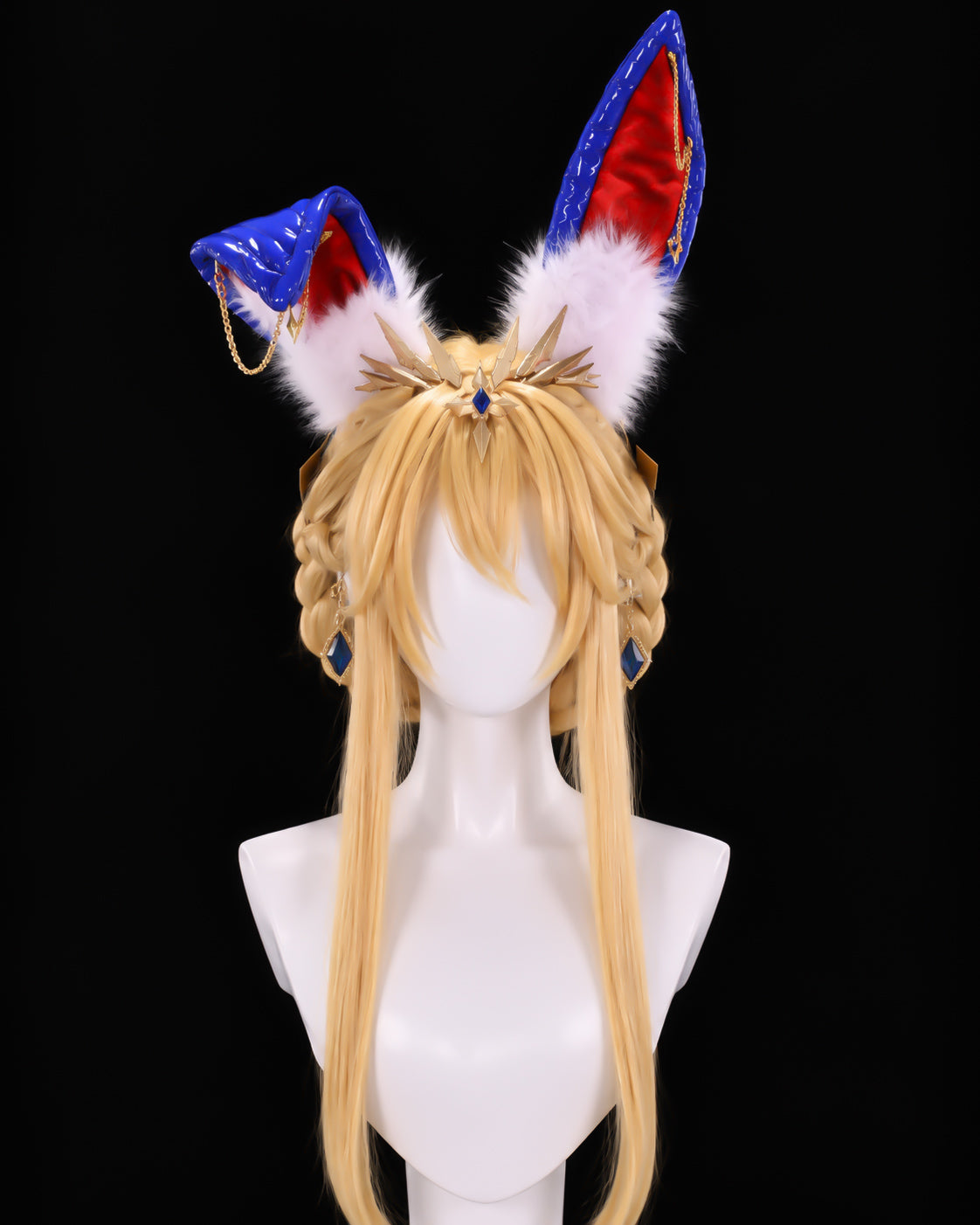 Front view of the blonde Altria Pendragon cosplay wig with blue bunny ears, gold headpiece and ear clips