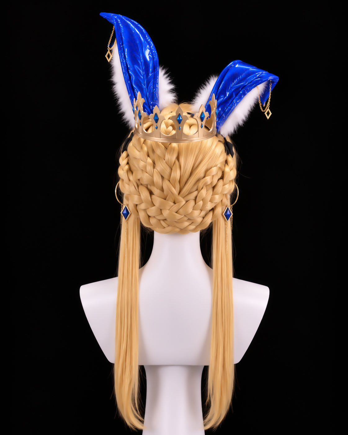 Back view of the braided blonde Altria cosplay wig with gold crown, blue rabbit ears and jewel ear clips