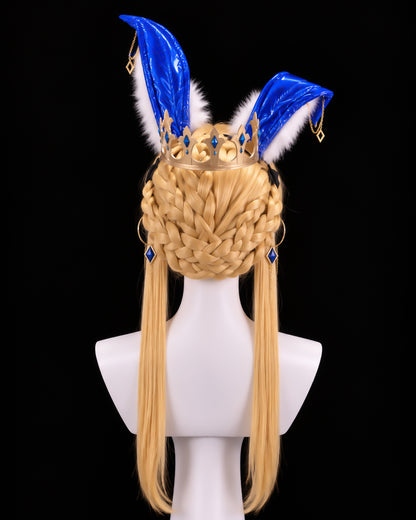 Back view of the braided blonde Altria cosplay wig with gold crown, blue rabbit ears and jewel ear clips