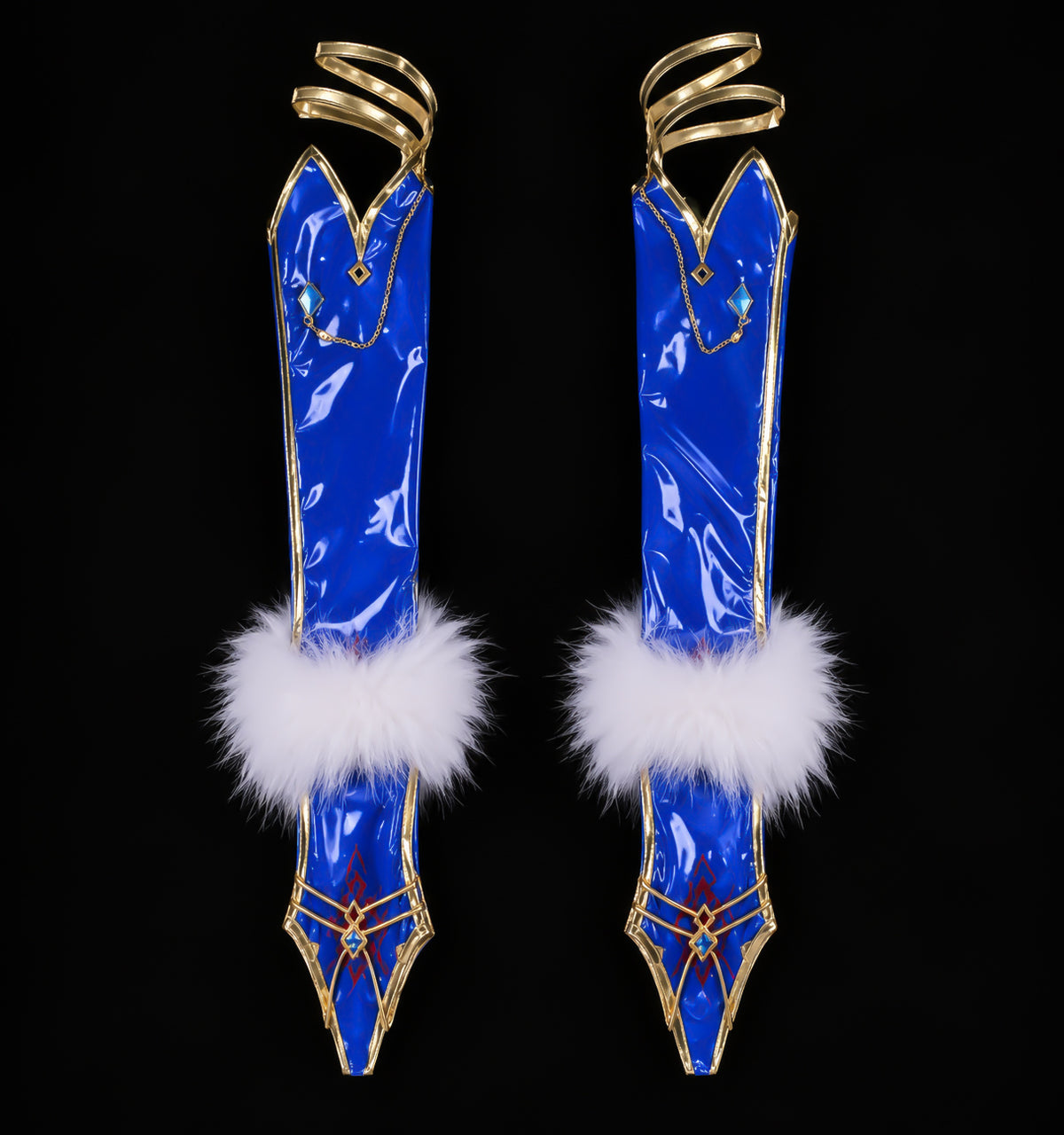 Pair of glossy blue Altria Ruler arm sleeves with white faux-fur cuffs, gold trim and chain ornaments