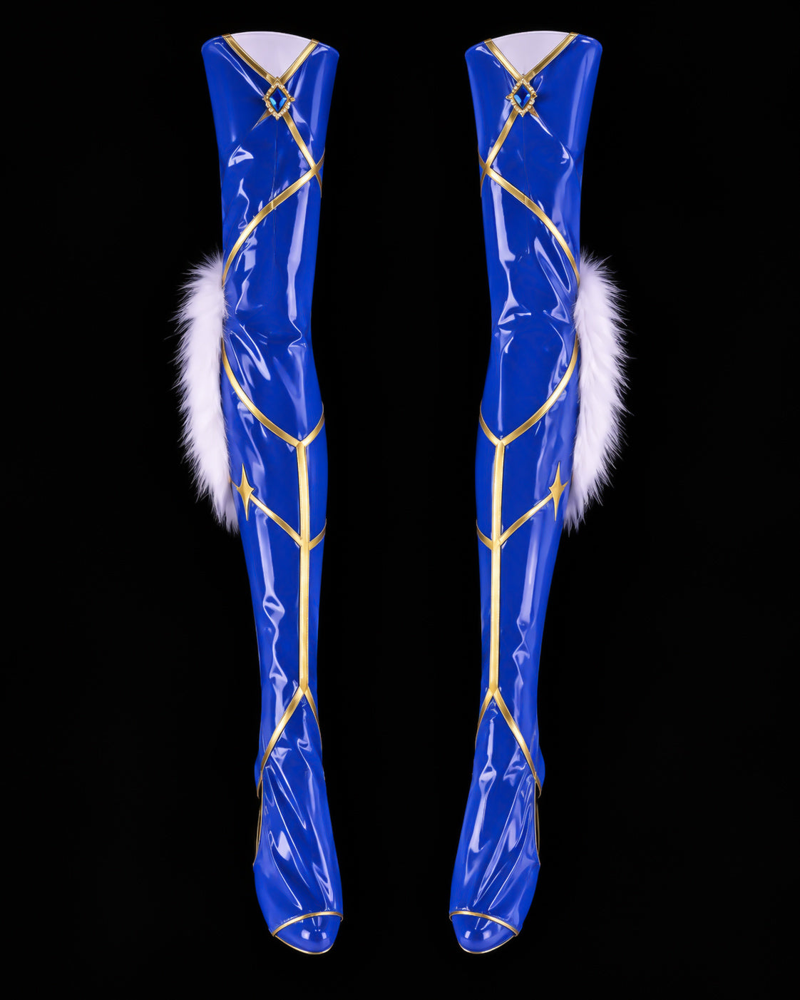 Pair of blue Altria Pendragon leg sleeves with gold geometric trim and white faux-fur side panels