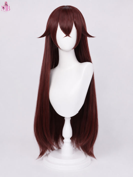 Amber Genshin Impact long brown cosplay wig displayed on a premium glossy white mannequin bust with realistic studio lighting. Features Amber’s signature layered fringe, long chestnut brown hair and smooth straight styling. High-quality anime cosplay wig with natural fibre texture from MBCosplay.