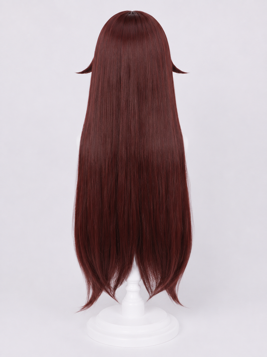 A long, straight wig with deep auburn-brown hair, styled with small pointed ears on the sides, displayed on a white mannequin stand against a light gray background.