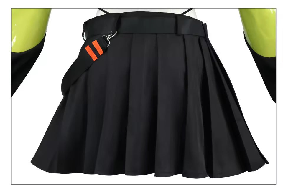 Black pleated skirt with a belt featuring orange accents on a white background
