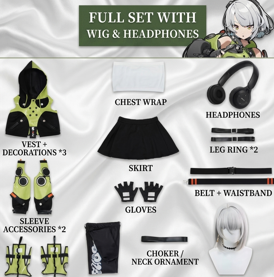 Set of clothing and accessories with a character illustration on a white background