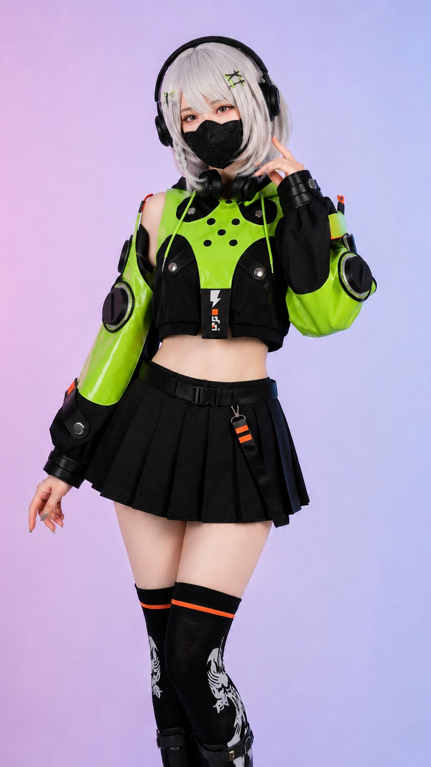 Female model wearing Anby Demara cosplay costume from Zenless Zone Zero featuring silver-grey wig, headphones, neon green cropped jacket, black pleated skirt and character-accurate accessories in professional studio photography.