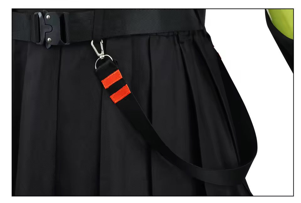 Black belt with a red and orange strap attachment on a plain background