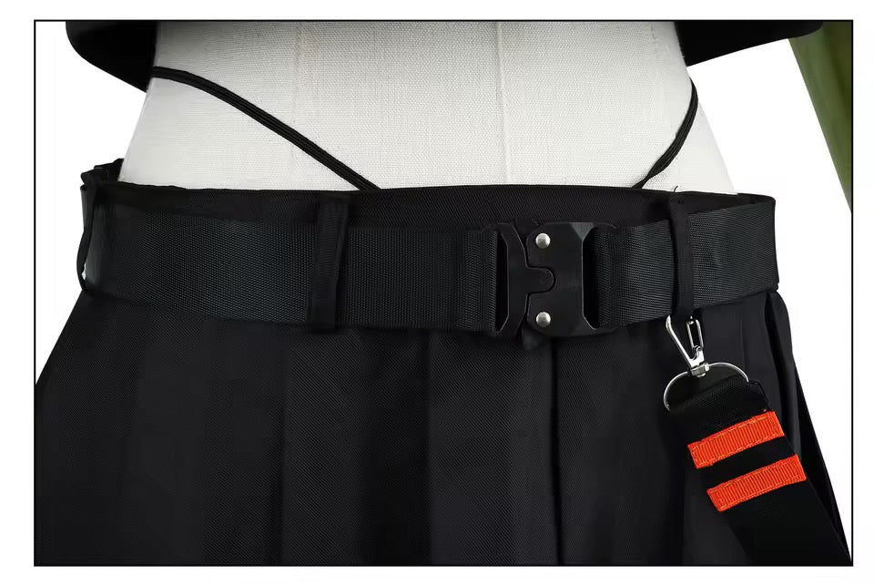 Black belt with a silver buckle and red stripe on a mannequin