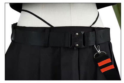Black belt with a silver buckle and red stripe on a mannequin