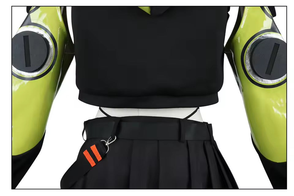 Black outfit with green and yellow arm pieces on a white background