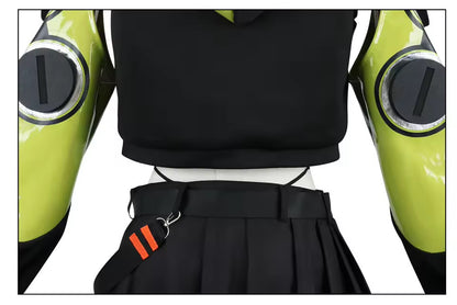 Black outfit with green and yellow arm pieces on a white background