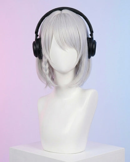 White wig on a mannequin head with black headphones against a light purple background
