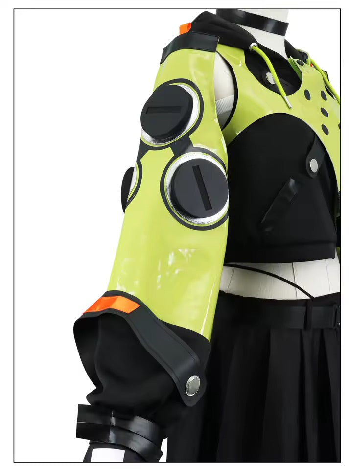 Green and black protective gear with orange accents on a white background