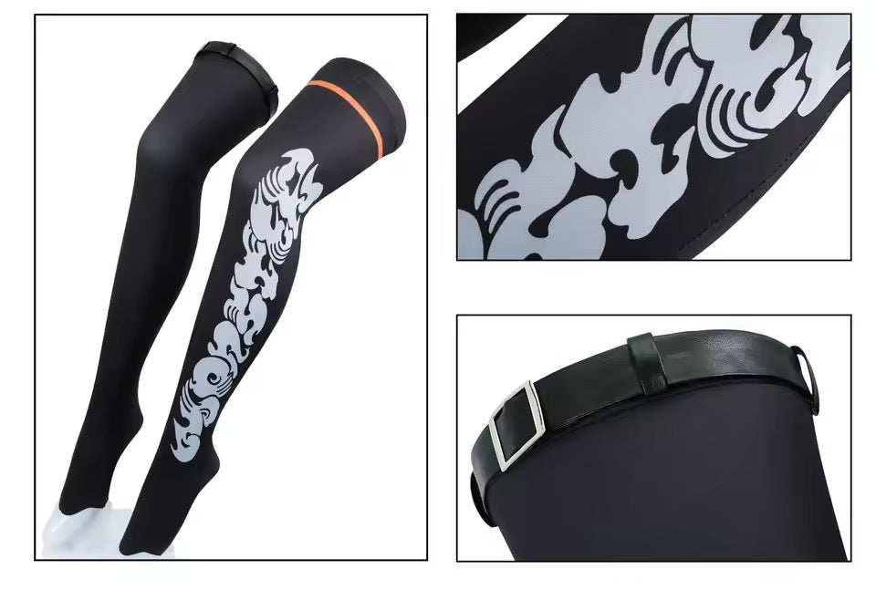Black knee-high socks with white designs on a white background